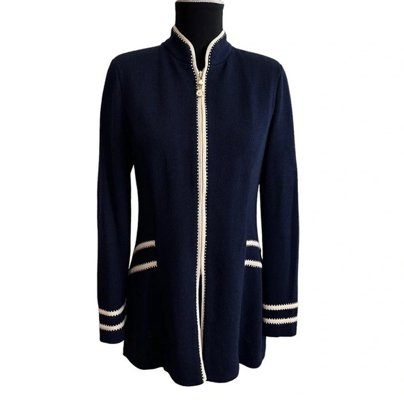Vintage St John Collection Marie Gray Sz 4 Navy Nautical Zip Up Jacket Santana - Picture 1 of 11